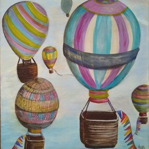 LARGE Oil PAINTING on rolled Canvas ORIGINAL Art 16 x 20 Vintage Hot Air Balloon